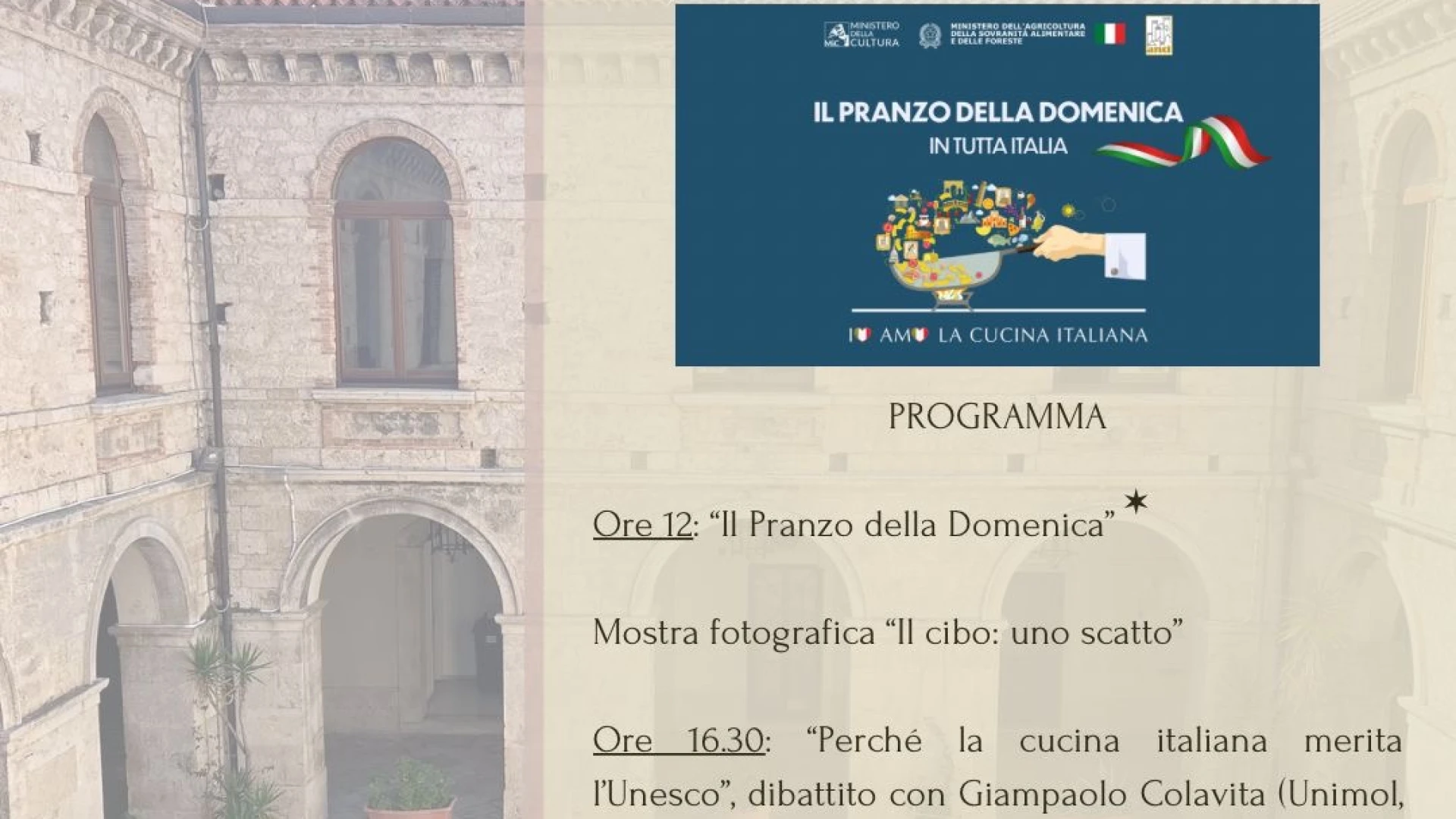 Isernia: il comune a sostegno dell'Unesco. Sostegno all'iniziativa denominata il Pranzo della Domenica.